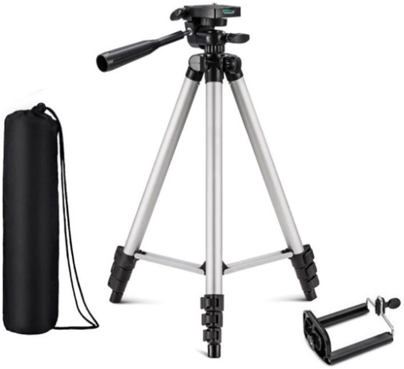 snowbudy Portable Camera Stand Tripod-3110 With Three-Dimensional Head & Quick Release Plate For Video Cameras and mobile clip holder for Mobiles & Smartphones Tripod(Silver, Black, Supports Up to 1500 g)