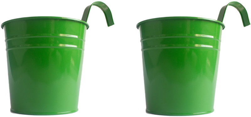 skycandle Hanging Planters for Plants | Railing Flower pots | for Balcony | Garden Planters |Wall Fence | Green (Pack of 2) Plant Container(Metal, External Height - 7 cm)