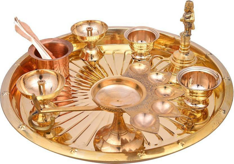 jam enterprises brass pooja set combo (1plate,1bell,1 arathi lamp,2 diya ,2kumkum cup Brass(1 Pieces, Gold)