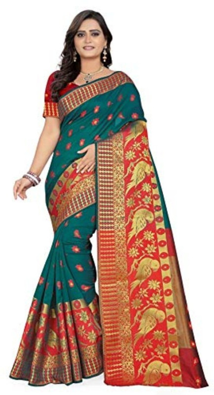 nv patel Woven Banarasi Cotton Saree(Green, Red)