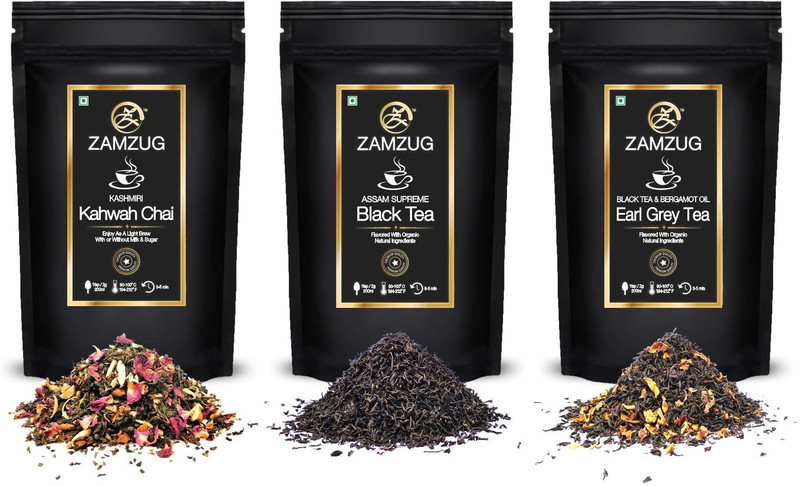zamzug Kashmiri Kahwah Premium Green Tea, Almond, Cardamom, Clove, Cinnamon, Ginger, Rose Petal Saffron & Assam Supreme Black Tea & Earl Grey Tea (Pack of 3 / 50 gram each/ 30 cup each) Herbs Herbal Tea Pouch(50 g)
