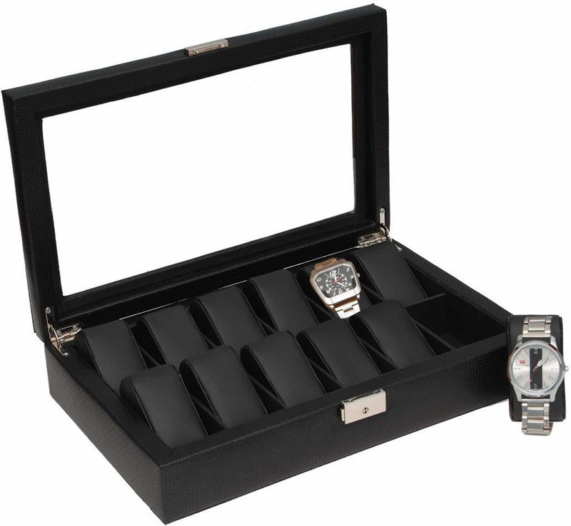 zaradise Black Leatherette 12 Slots Glass Cover Watch Box/Case - Gift for Christmas & New Year Watch Box(Black, Holds 12 Watches)