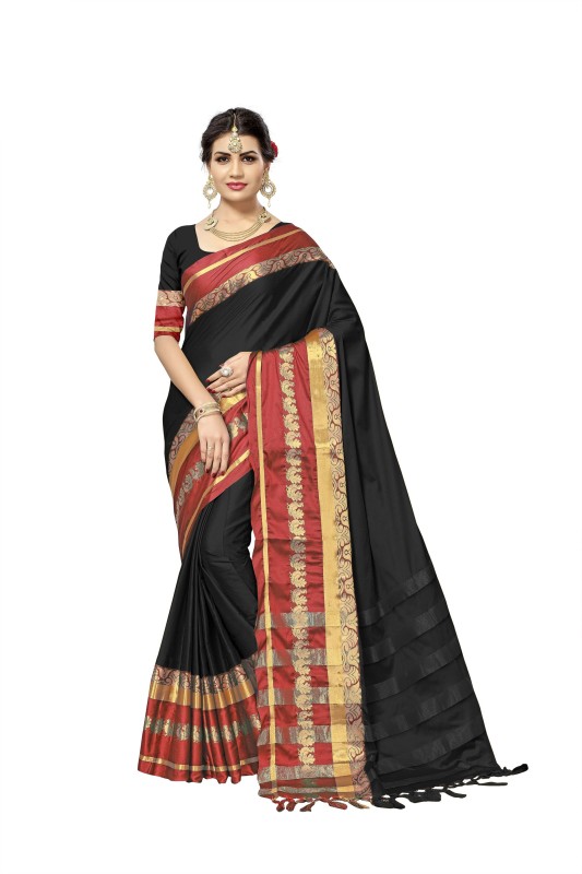 CHOICEIT Woven Bollywood Cotton Silk Saree(Red, Black)