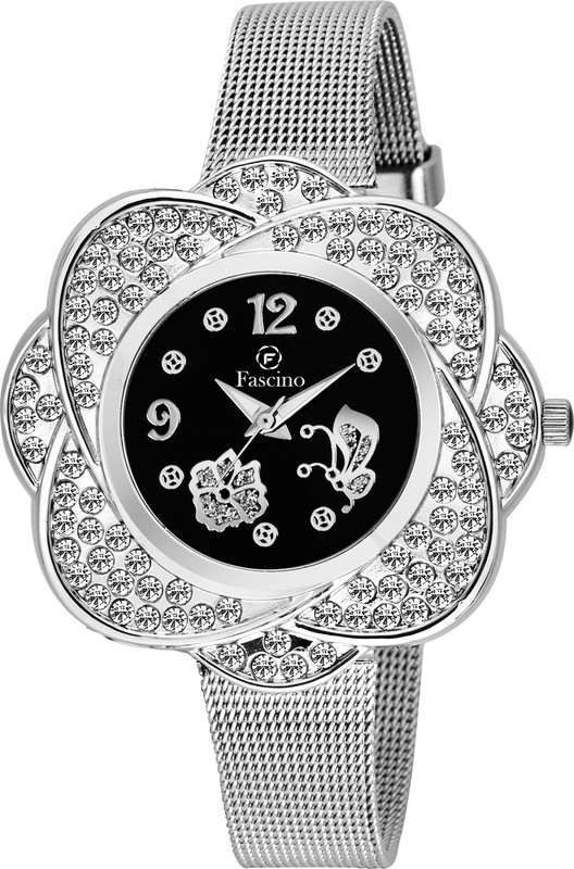 fascino Analog Black Dial with Diamond Case & Scheffer Chain Belt FCW 2043-SL Analog Watch  - For Women