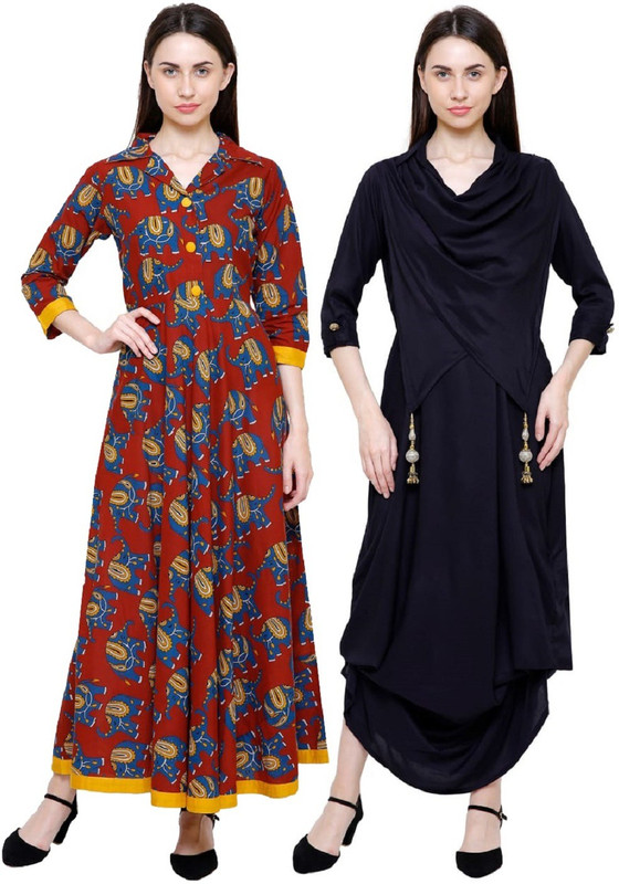 selfie Casual Printed Women Kurti(Pack of 2, Maroon, Blue)
