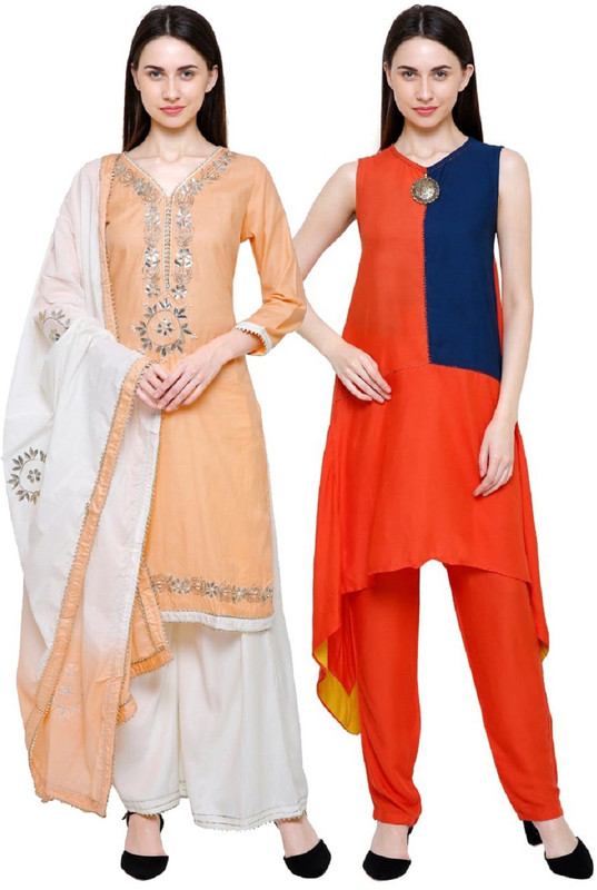 selfie Casual Printed Women Kurti(Pack of 2, Red, Orange)