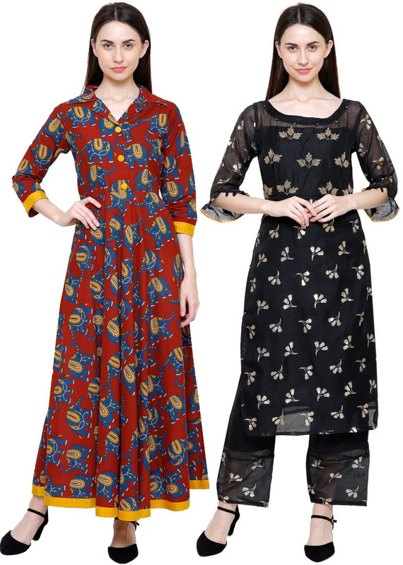 selfie Casual Printed Women Kurti(Pack of 2, Maroon, Black)