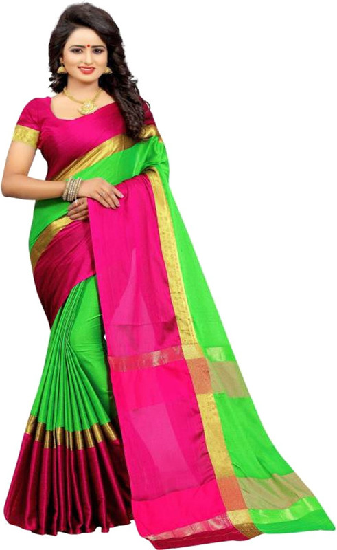 kalapy fashion Woven Banarasi Cotton Silk Saree(Green)