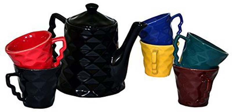 mushti Kettle Set in Multi Color with Good Designer Pattern Handmade Pottery in Ceramic Metrial with 6 Cup Set and kettle Stoneware(Multicolor, Pack of 1)
