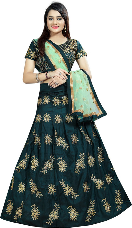 kathiyawad shopping Embroidered Semi Stitched Lehenga, Choli and Dupatta Set(Dark Green)