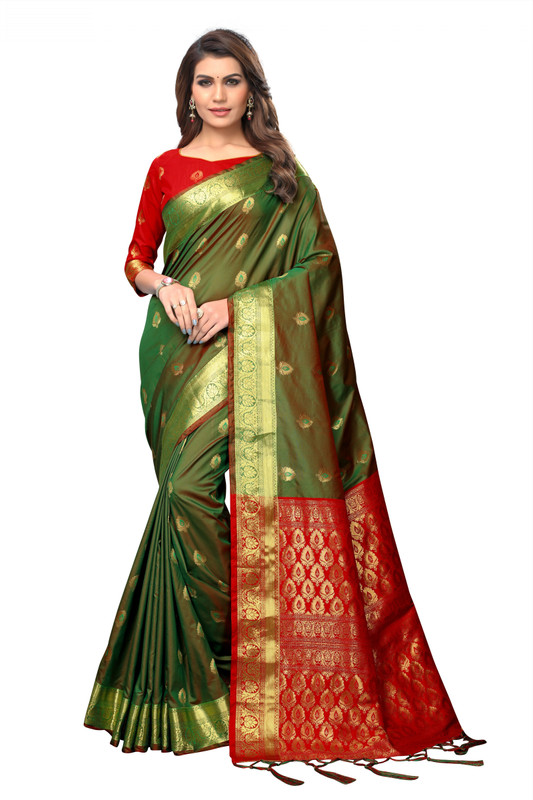 vahni Embellished Banarasi Silk Saree(Green, Red)