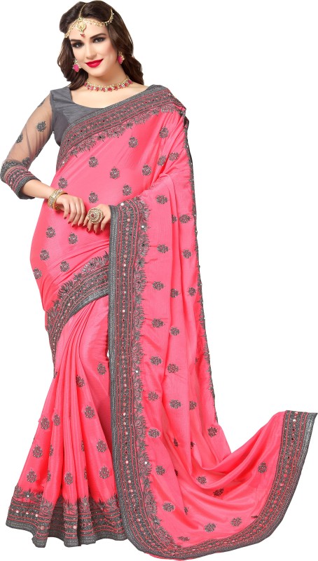 Darshita International Embroidered, Embellished Fashion Silk Blend, Net, Crepe, Chiffon Saree(Pink)