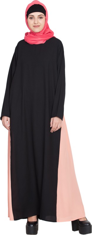 Nazneen NHF95Contrast side panels A line(XL) Poly Crepe Solid Abaya With Hijab(Black)