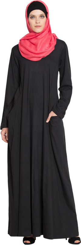 Nazneen NHF136Extended Pocket Jersey Travel(XS) Cotton Knits Solid Abaya(Black)