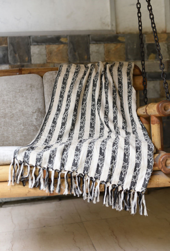 tjori Self Design Single Throw(Cotton, White, Black)
