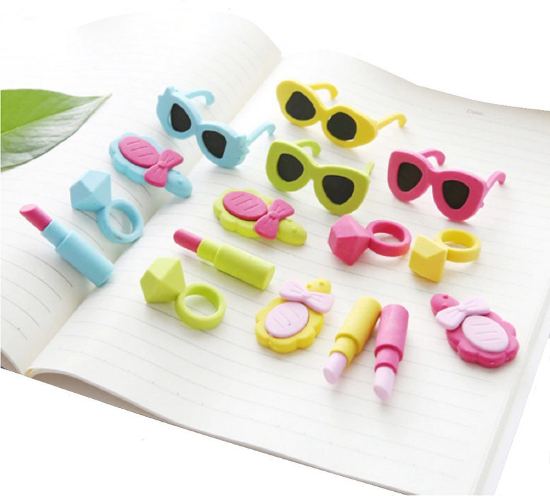 giftshub 16 Pc Fashion Lipstick Diamond Ring Sunglasses Makeup Mirror erasers cute Collection Non-Toxic Eraser(Set of 8, Multicolor)