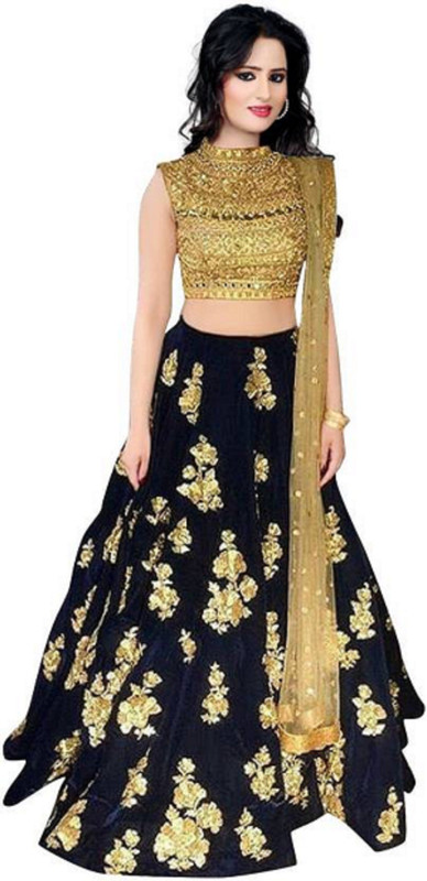 jahal fashion Embroidered Semi Stitched Lehenga, Choli and Dupatta Set(Dark Blue, Gold)