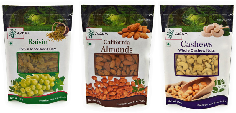 axium Daily Needs Combo 500gm Each (Pack Of 3) Cashews, Almonds, Raisins Pouch(3 x 500 g)