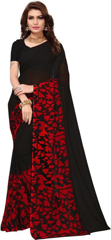 ofline selection Woven Fashion Georgette, Cotton Silk Saree(Red, Black)