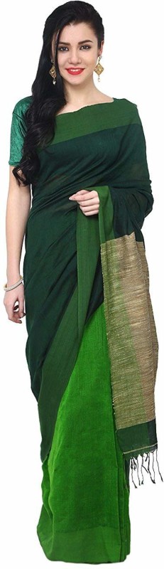 Package Mall Solid Jamdani Cotton Saree(Green)