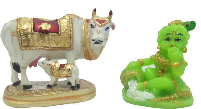 dreamcollection Ratnatraya Lord Krishna with Cow Playing Flute Sticker For Wall/Door, Car/Bike For Spiritual Protection and Love Plated Yantra 7 cm Decorative Showpiece  -  7 cm(Polyresin, Green)