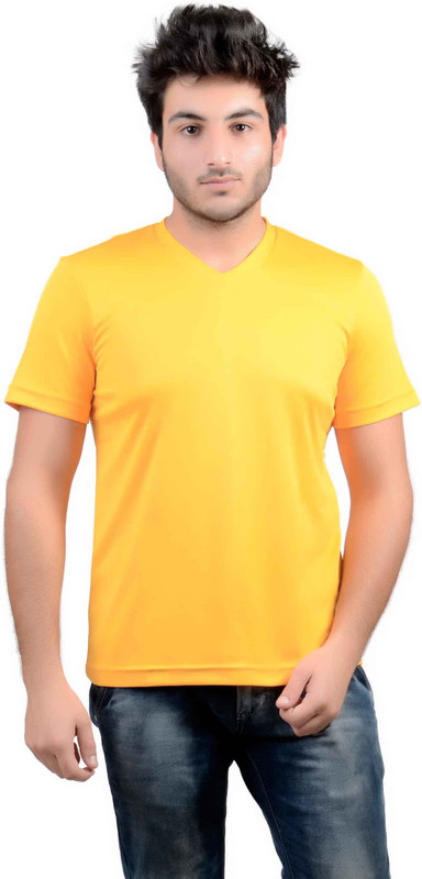 DS WORLD Solid Men V-Neck Yellow T-Shirt