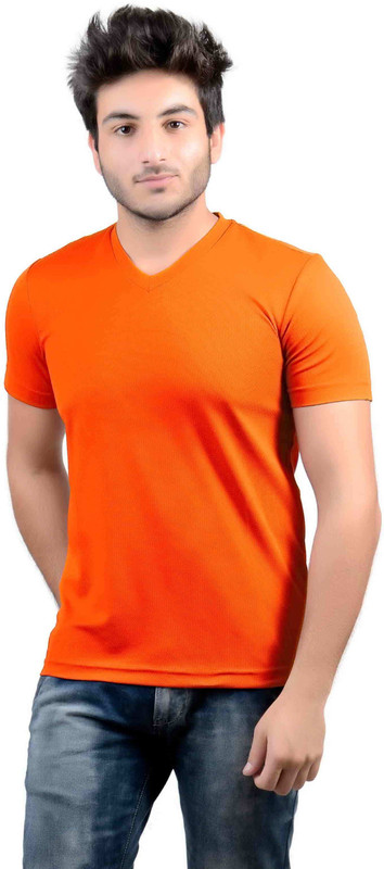 DS WORLD Solid Men V-Neck Orange T-Shirt