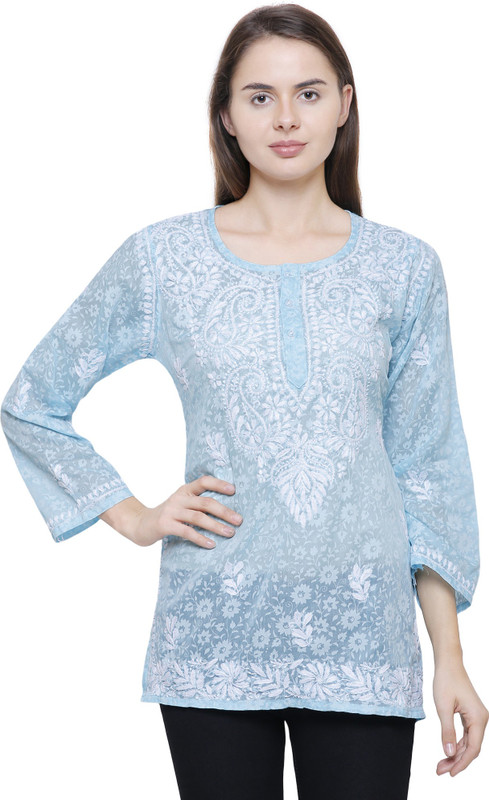 sabros Party 3/4 Sleeve Embroidered Women Light Blue Top