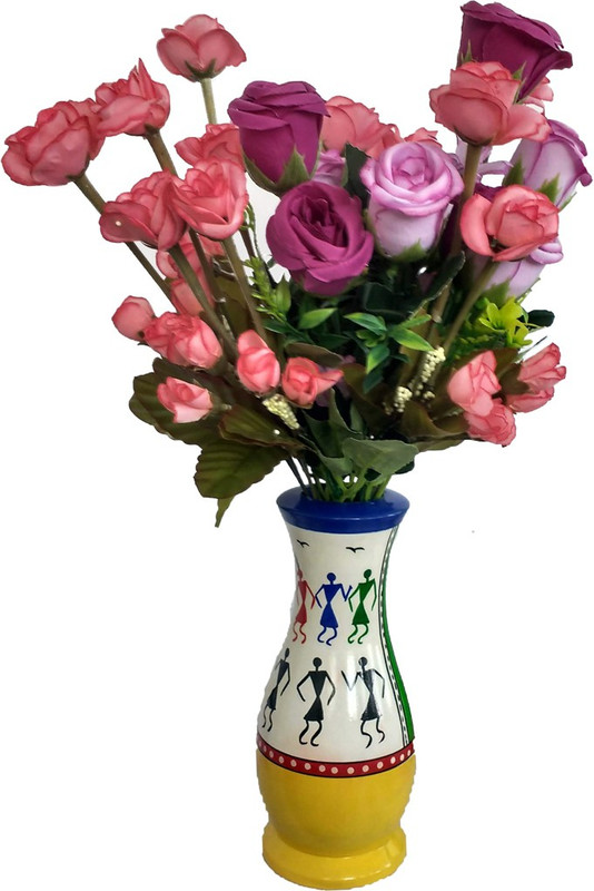 tovick -Authentic Warli hand painted flower Vase with two bunches of White and Coral Pink Ornamental Synthetic Flowers-( Pack of 1) Wooden Vase(7.5 cm, Multicolor, Purple)