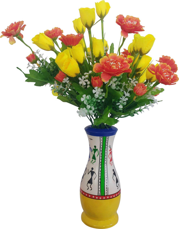 tovick -Authentic Warli hand painted flower Vase with two bunches of Flowers(Yellow rose buds bunch and Orange Wild flowers) Ornamental Synthetic Flowers-( Pack of 1) Wooden Vase(13 cm, Multicolor)