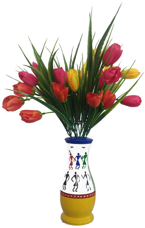 tovick -Authentic Warli hand painted flower Vase with Three bunches of Tulips Ornamental Synthetic Flowers-( Pack of 1) Wooden Vase(9 cm, Multicolor)
