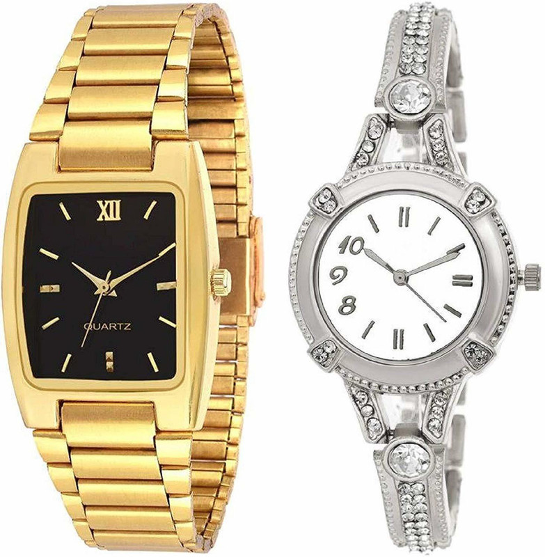 liptical gold color matel balt with black square dial and silver color matel balt with white round dial lattest desing of watches for girls Analog Watch  - For Girls
