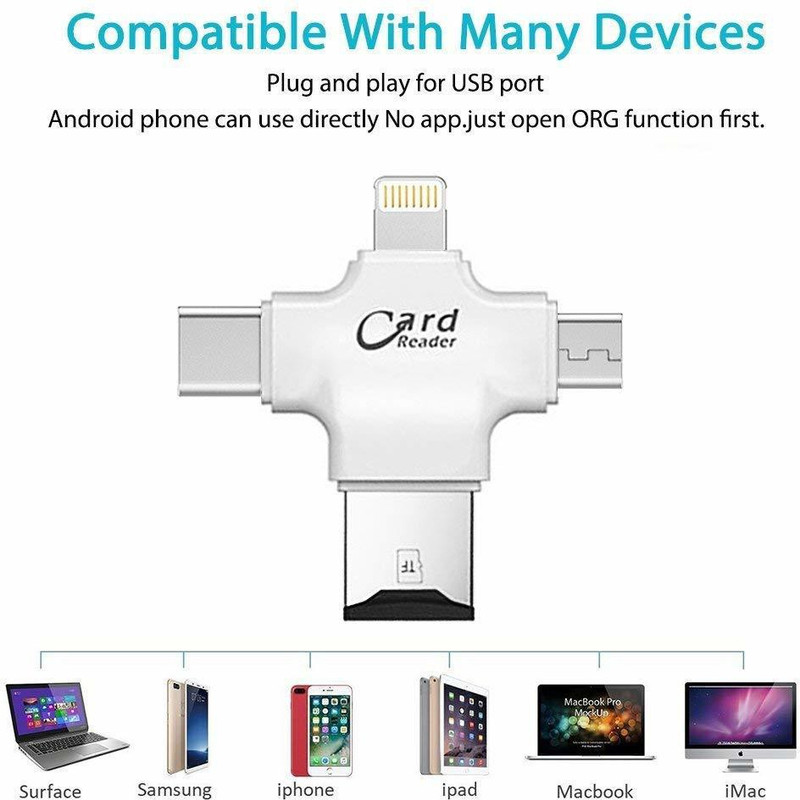 Rhonnium ® 4 in 1 Portable Micro SD & TF Card Reader SD Memory Card Camera Reader White Card Reader(White)