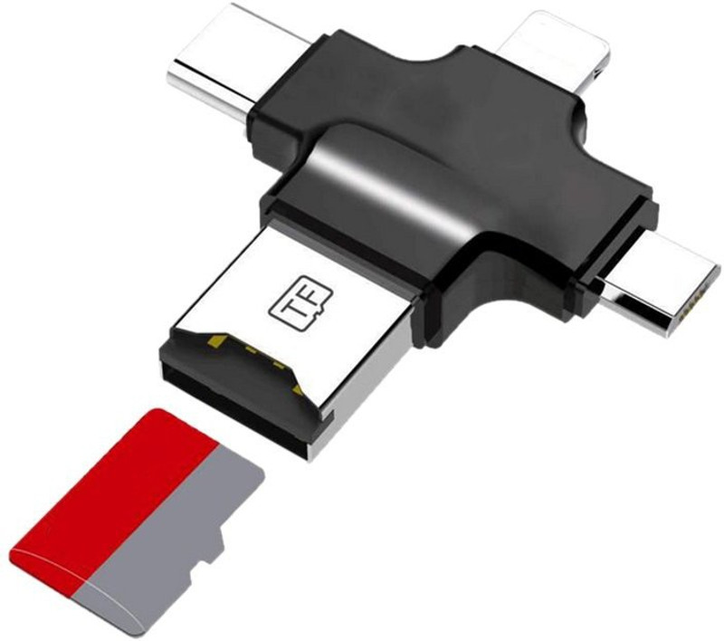 Rhonnium ® Multi-Function SuperSpeed 4-in-1 Portable Micro SD Card Reader for iPhone/ipad/Smartphones/PC/Android, with Lightning, USB Type C, Micro USB, USB 4 Interfaces (4-in-1, Black) Card Reader(Black)