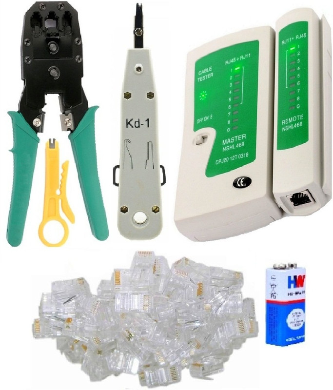 Divinext 55pc Combo Crimping Stripping Tool Kit with 3 in 1 Rj45 Rj11 Crimping Tool 4P 6P 8P Manual Crimper Modular Crimping Tool + Network Cable Cutter Wire Stripper + Networking LAN Cable Tester RJ45 / RJ11 / RJ12 / Cat5 + 6F22 9 Volt Battery + Krone Tool KD-1 Impact Punch Down Tool Push Telephone