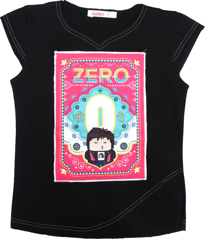 doodlers Girls Printed Polycotton T Shirt(Black, Pack of 1)