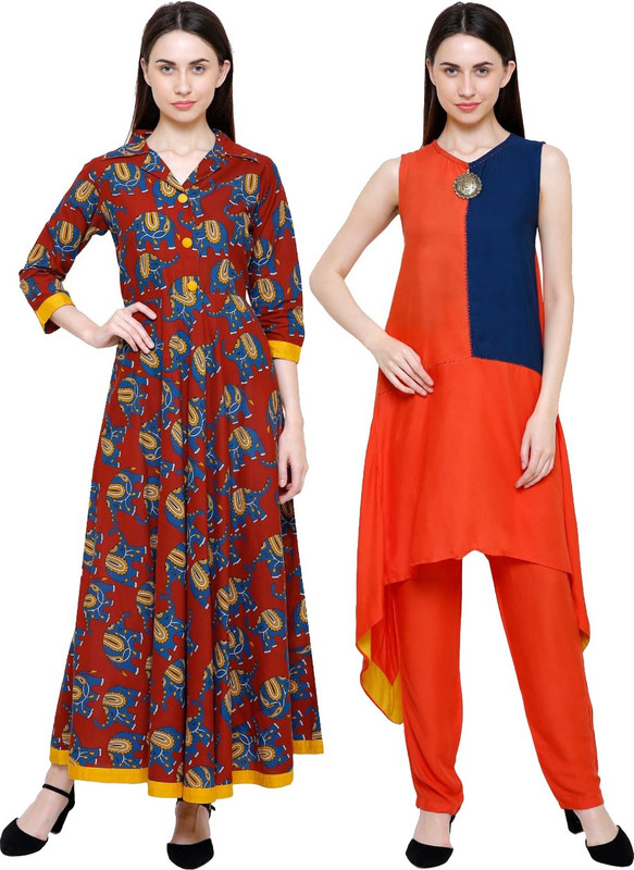 selfie Casual Printed Women Kurti(Pack of 2, Red, Maroon)