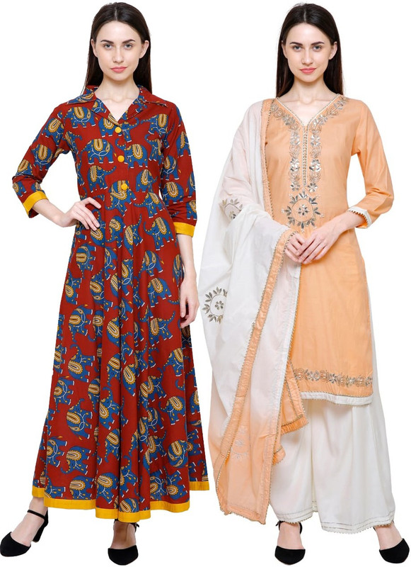 selfie Casual Printed Women Kurti(Pack of 2, Maroon)