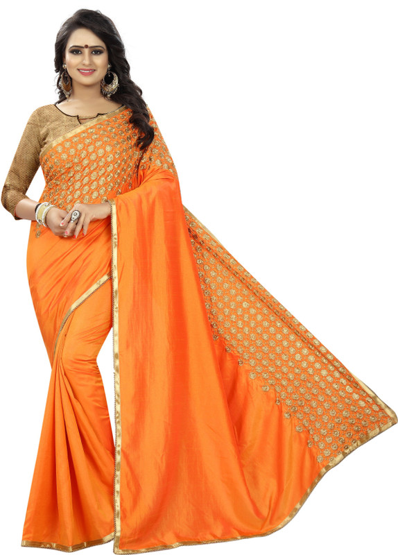foogfeb Embroidered Bollywood Poly Silk Saree(Orange)
