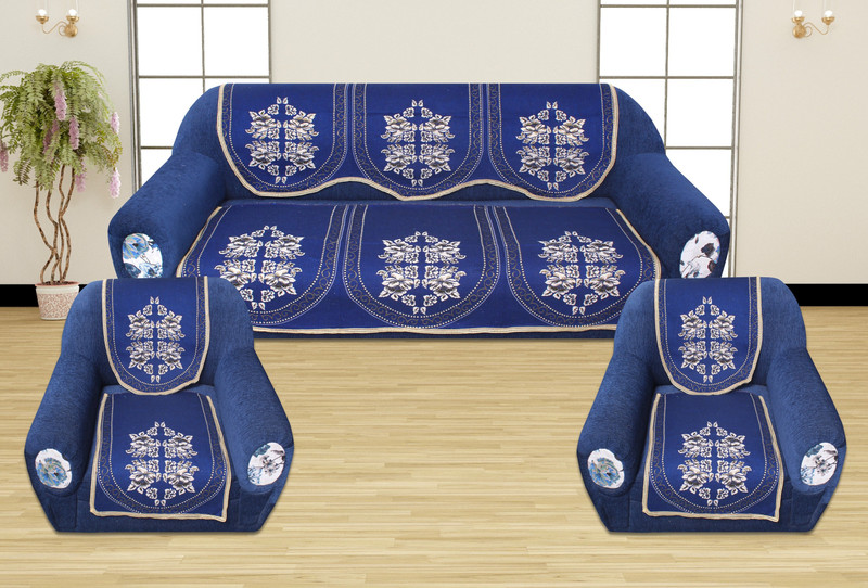 anticca Velvet, Cotton Sofa Cover(Blue, Silver Pack of 10)