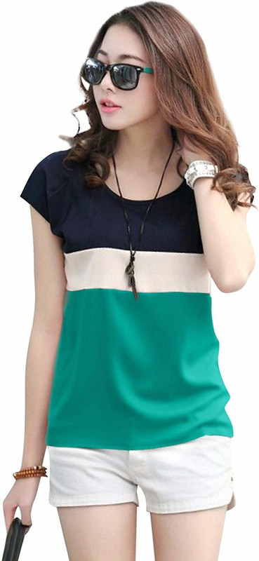 khyati Casual Half Sleeve Color Blocked Women's Green Top