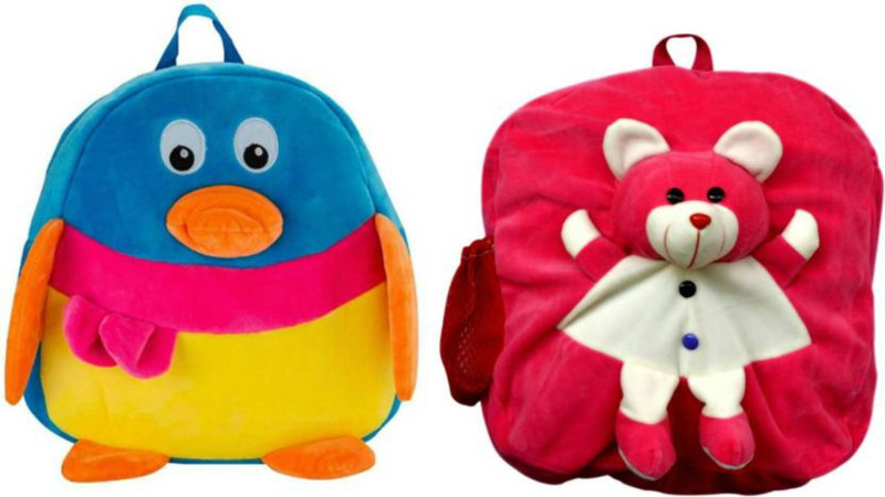 kuku Cute Penguin And Very Soft Dark Pink Teddy Bag Combo For Kids (Multi-color) , High Quality School Bag(Multicolor, 12 L)