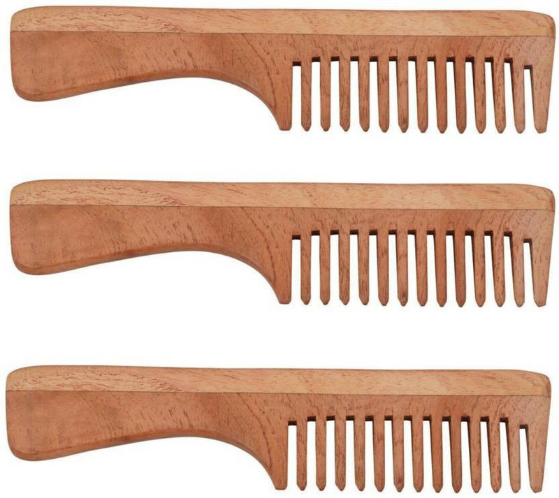blithe PACK OF 3 WIDE TOOTH NEEM WOOD COMB WITH HANDLE(7.5 INCH)