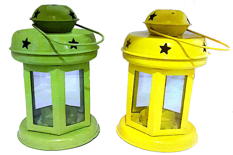 handicrft galaxy LMP Green, Yellow Metal, Glass Table Lantern(15 cm X 10 cm, Pack of 1)