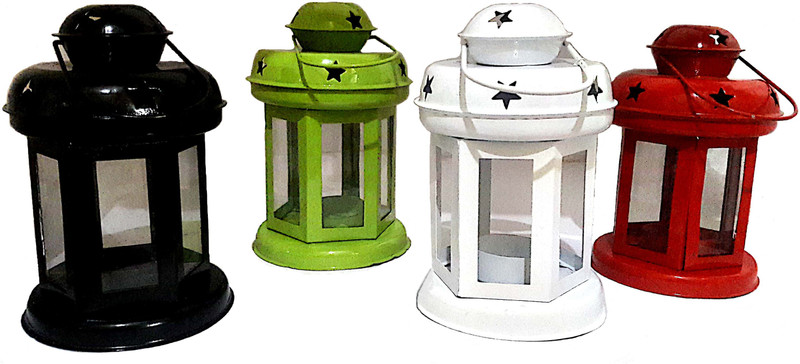 handicrft galaxy LMP Red, Green, Black, White Metal, Glass Table Lantern(15 cm X 10 cm, Pack of 1)