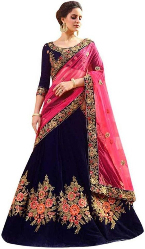 nv patel Embroidered Semi Stitched Lehenga, Choli and Dupatta Set(Blue)