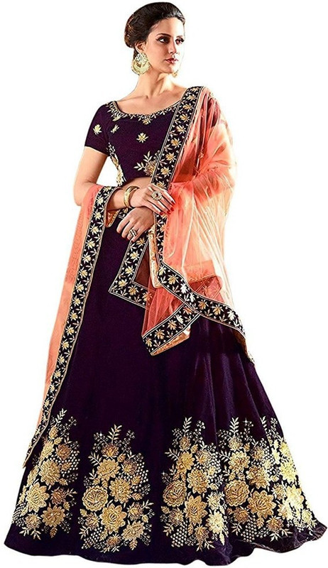 nv patel Embroidered Semi Stitched Lehenga, Choli and Dupatta Set(Purple)