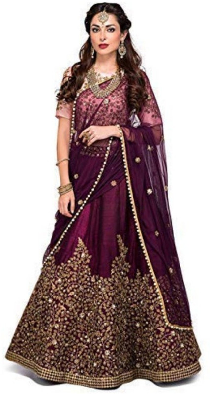 nv patel Embroidered Semi Stitched Lehenga, Choli and Dupatta Set(Purple)
