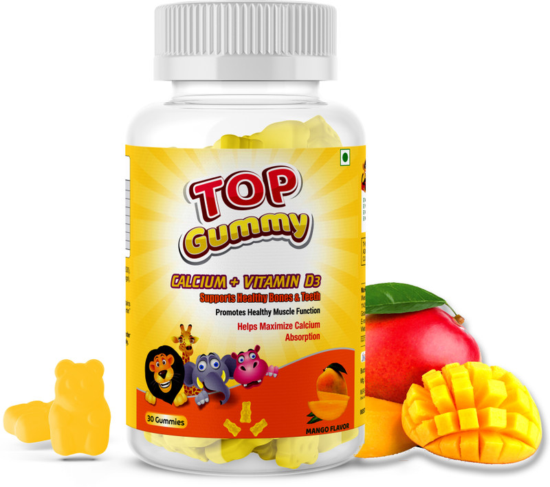 top gummy Calcium + Vitamin D3, For Healthy Bones & Teeth, Gluten, Soy & Dairy Free -(Mango)(30 No)