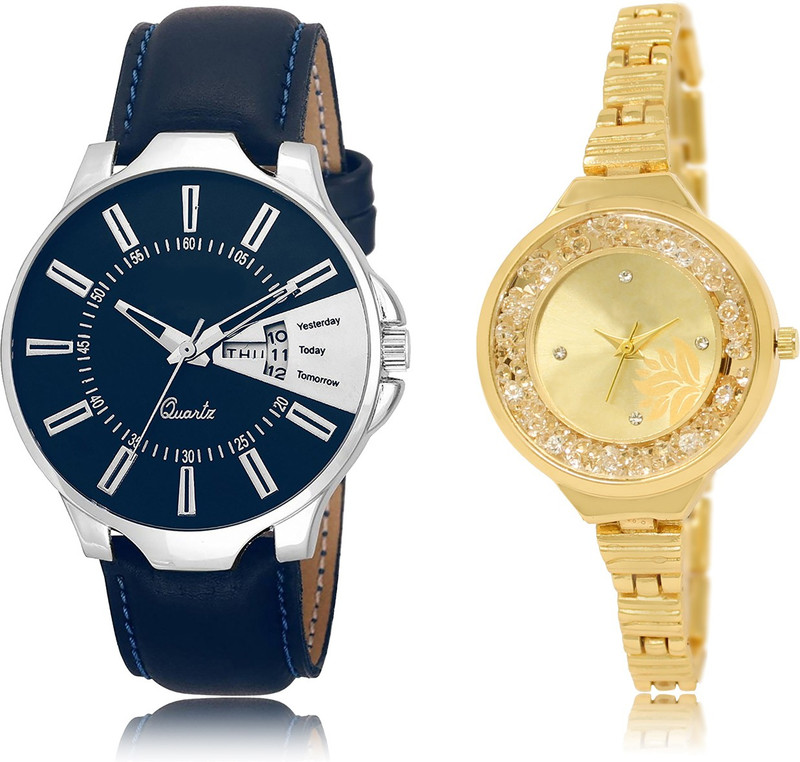 loretta Fresh Fashion Day & Date LR_23_224 Blue Leather Strap & Gold Metal Chain Strap Moving Diamond Round Dial Couple Combo Analog Watch  - For Men & Women